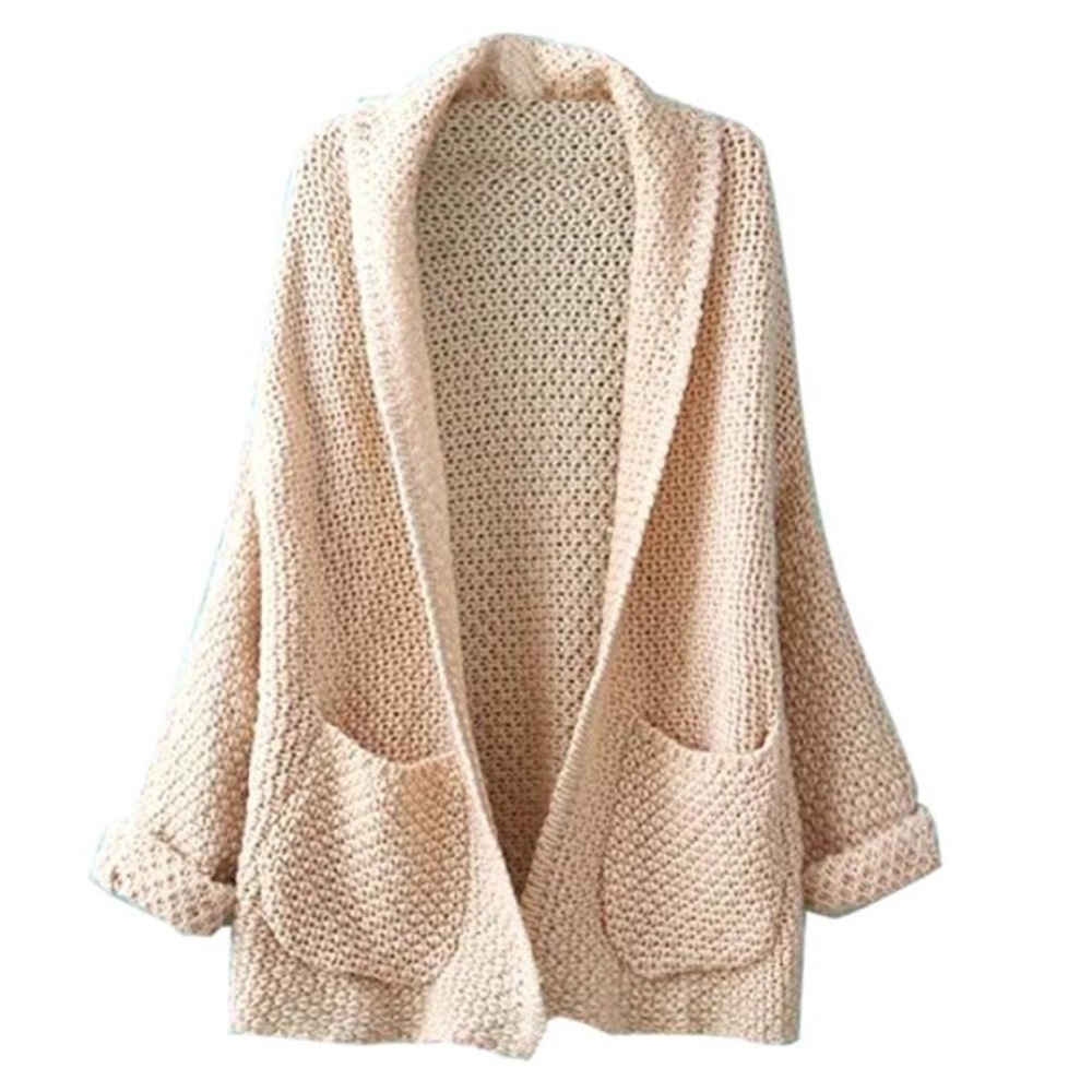 Beige Lapel Pocket Knit Cardigan Onesize
